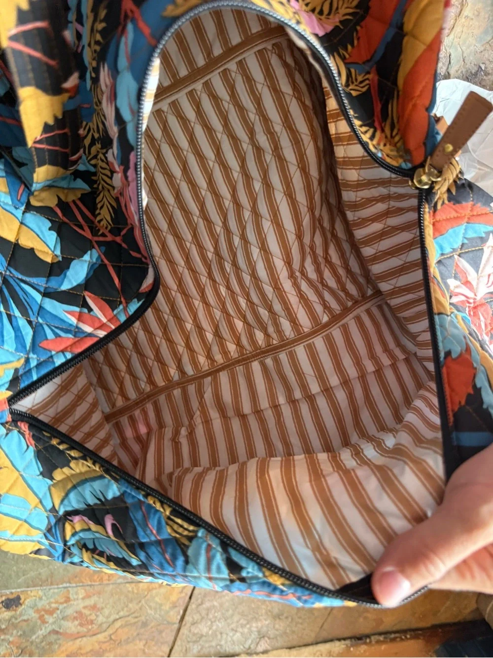 Quilted Tropical Print Tote Bag in Blue and Multicolor